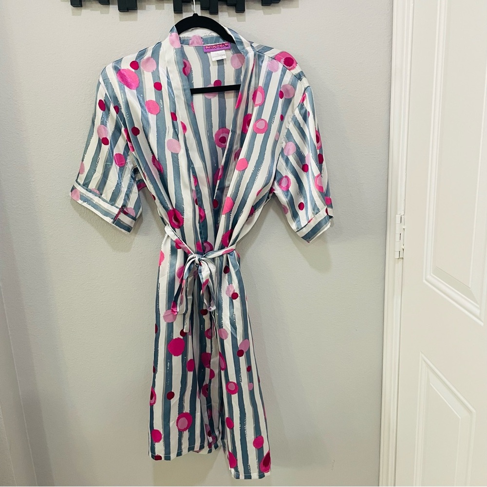 Do Not Disturb Polka Dot Striped Satin Short Sleeve  Robe Womens Size L